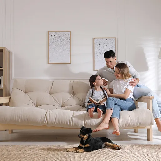 fammile de trois personnes, une femme, un homme une enfants assis sur un canapé dans salon, il y'a un chiot allongé sur le tapis du canapé à Magnanville dans les Yvelines 78