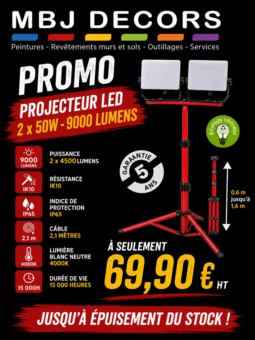 projecteur LED 2 &times; 50W &ndash; 9 000 lumens